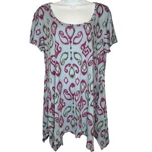 Fresh Produce Womens Tunic Top Sz XL Blue Pink Ikat Print Flowy Artsy Boho‎